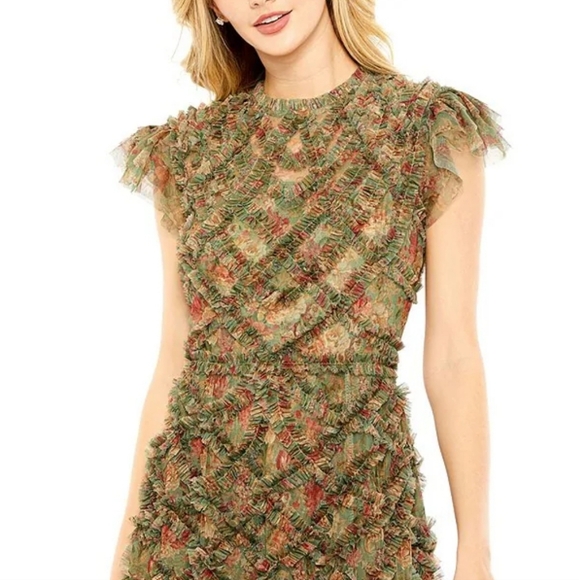 Mac Duggal Floral Print Crew Neck Cap Sleeve Ruffle Embellished Tiered Hem Dress - Picture 2 of 12